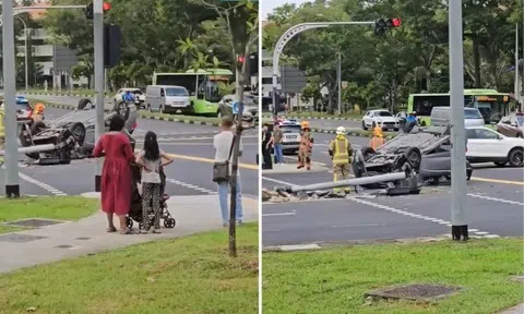 Ô tô lật ngược, húc đổ đèn giao thông, tài xế có phản ứng "lạ"