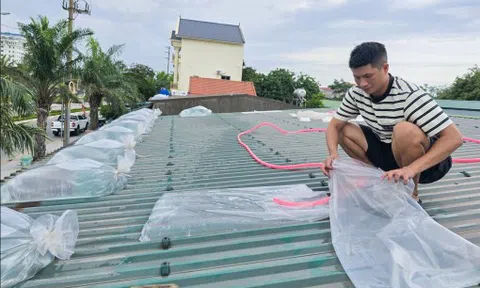 Người dân bơm nước lên mái nhà ứng phó bão số 5 