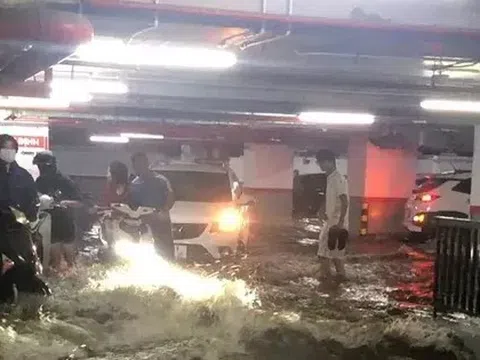Mưa xối xả, nước cuốn như thác, hầm chung cư ở Hạ Long 'chết chìm'